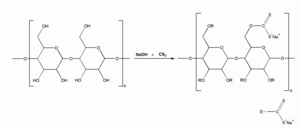 A celulose é tratada com dissulfureto de carbono e alcalino para se obter a viscose.