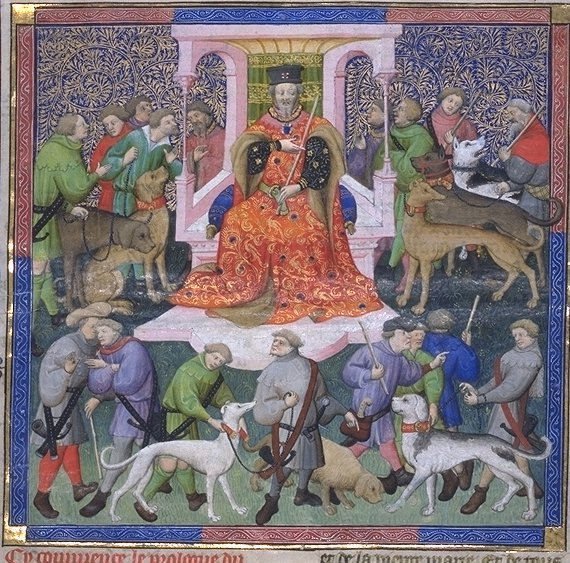 O conde Gaston Febus com caçadores. Livro da Caça, Biblioteca Nacional da França.