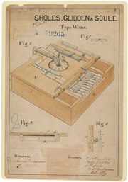 1868 desenho da patente para a máquina de escrever inventado por Christopher L. Sholes, Carlos Glidden, e JW Soule.