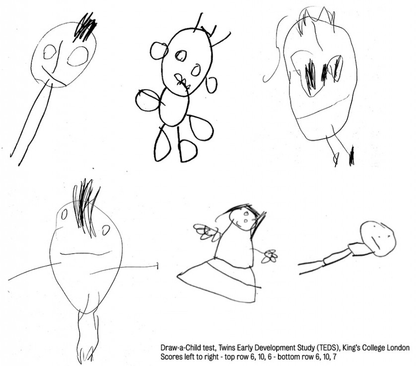 Exemplos de desenhos de crianças do estudo. As pontuações são, da esquerda para a direita: no topo 6, 10 e 6; embaixo, 6, 10 e 7 