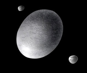 Imagem do planeta anão conhecido como Haumea e as suas duas luas.